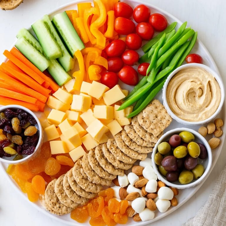 This veggie snack board presents a delicious assortment: carrots, bell peppers, cheeses, and dips for snacking.
