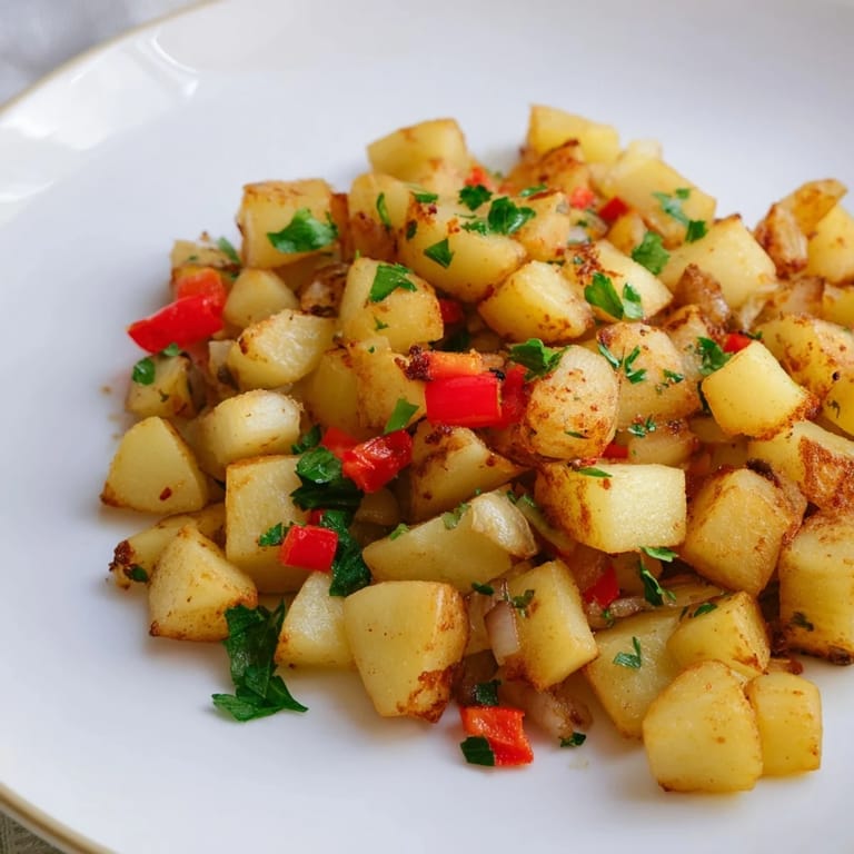 Perfectly cooked air fryer breakfast potatoes, showcasing the golden-brown crispness with bits of red pepper.