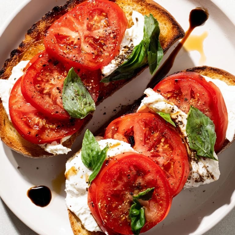 Creamy burrata sits atop toasted sourdough in this flavorful tomato burrata toast creation.