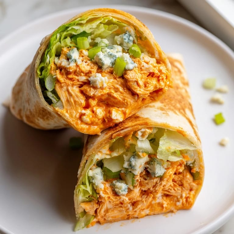 A close-up of a sliced Buffalo Chicken Dip Wrap, showing the layered fillings and delicious textures.