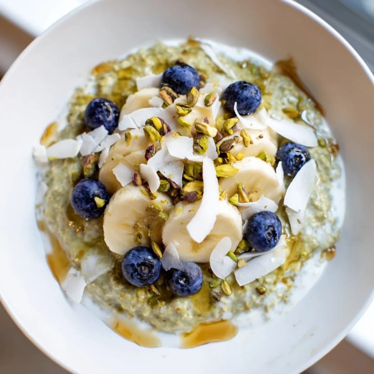 Enjoy the simple pleasure of Matcha Overnight Oats prepared and served with berries, nuts, and coconut.