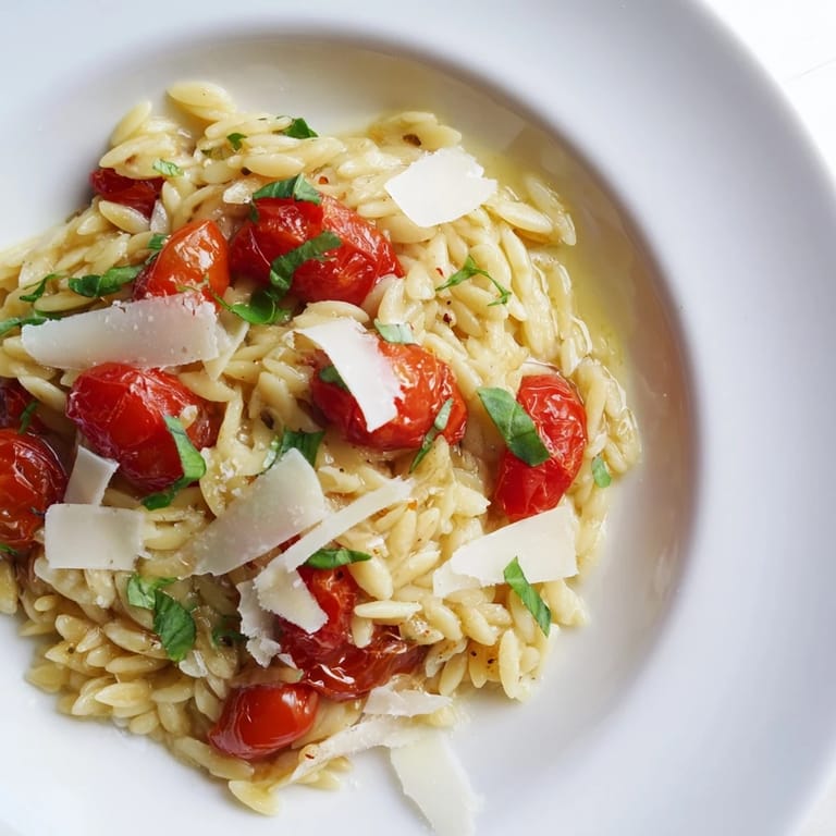 Hearty Orzo Tomato Parmesan ready to eat: tender pasta with juicy tomatoes and cheese.