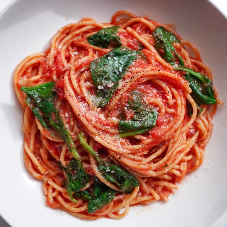 A close-up of quick Marinara Pasta with Spinach: red sauce coats the pasta, with vibrant green spinach!