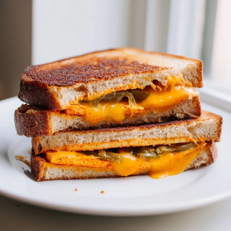 Close up view of a delicious Spicy Crispy Tofu Grilled Cheese, perfectly grilled with crispy tofu.