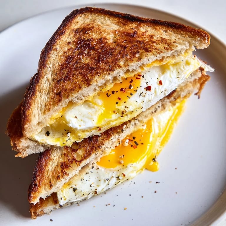 Mouthwatering, golden-brown Feta Fried Eggs Grilled Cheese, served hot and ready to eat.