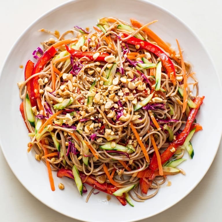 Tempting close-up of cold noodle salad, a refreshing Asian dish with sesame-ginger dressing.
