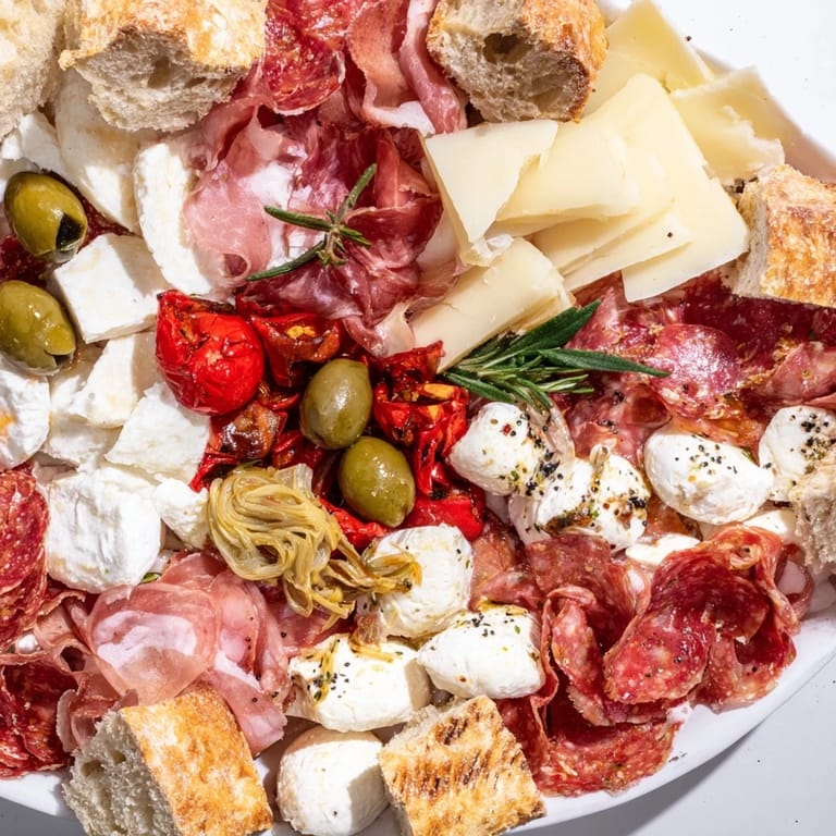 A close-up of a Rustic Italian Farmhouse Board showcases vibrant Italian flavors and textures.