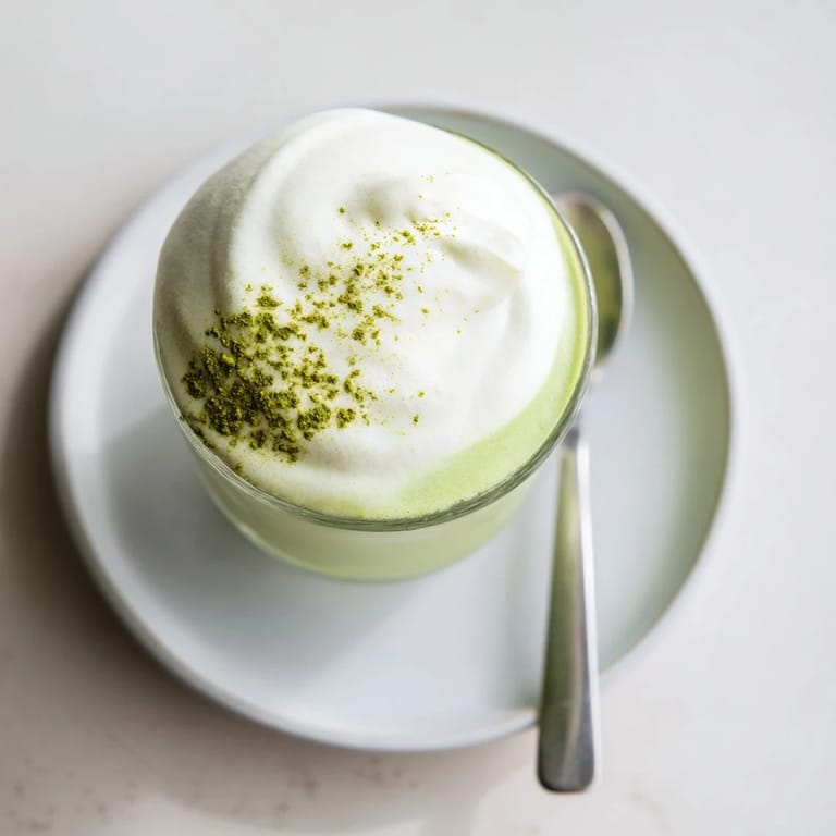 A close-up of a frothy, bright green creamy matcha latte, perfect for a cozy afternoon.