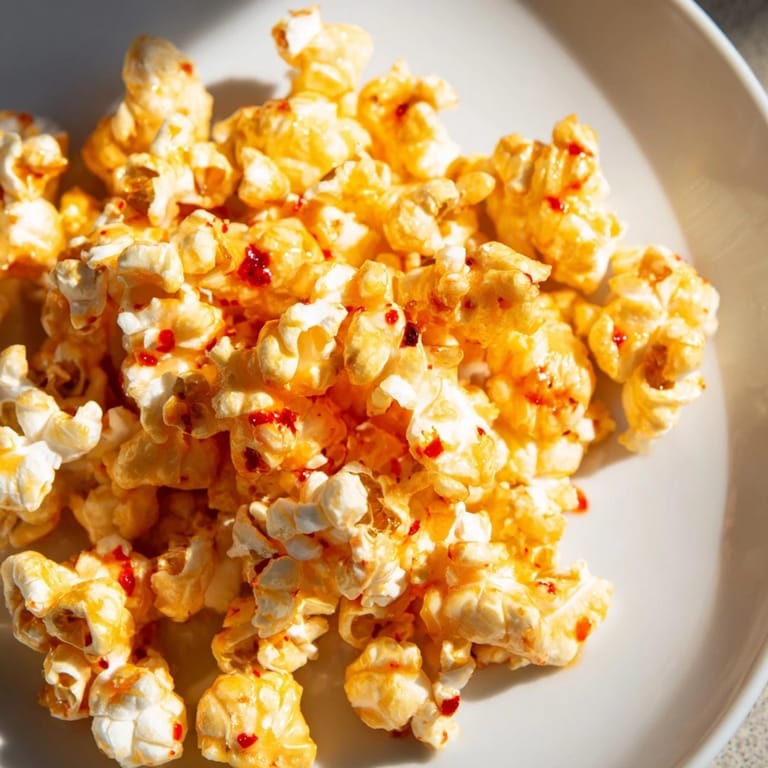 Warm, buttery hot honey butter popcorn tossed in bowl; imagine the sweet and chili aroma!