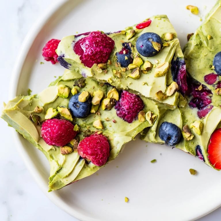 Vibrant and refreshing frozen yogurt bark, with swirls of pistachio cream and sweet berry purees, ready to eat.