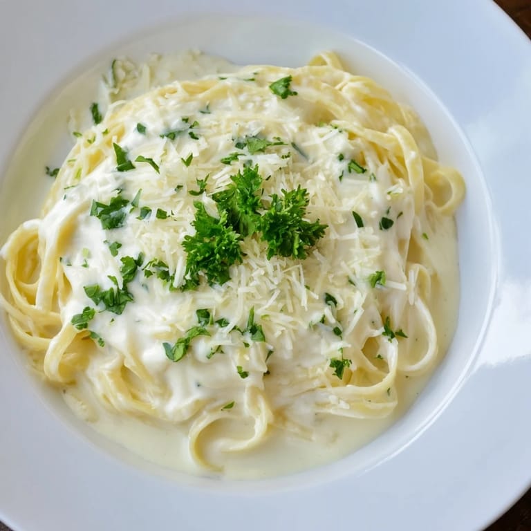 A bowl of delicious cottage cheese Alfredo sauce, with flecks of pepper, ready to serve with fresh parsley.