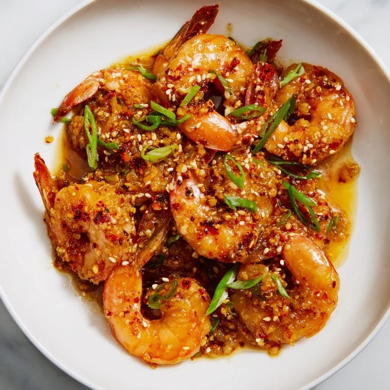 Golden, buttery Korean Garlic Butter Shrimp served with fresh scallions and toasted sesame seeds ready to enjoy.