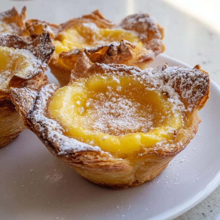 Close-up of freshly baked Portuguese Egg Tarts showcased with a flaky crust and creamy filling.