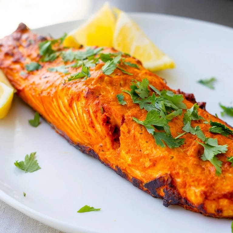 Vibrant red-orange Indian Tikka Salmon, cooked to perfection, a flavorful and healthy dinner option.
