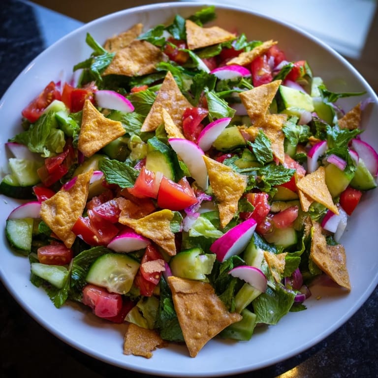 Fresh, bright Lebanese Fattoush Salad, featuring chopped herbs, tomatoes, and a tangy sumac dressing.