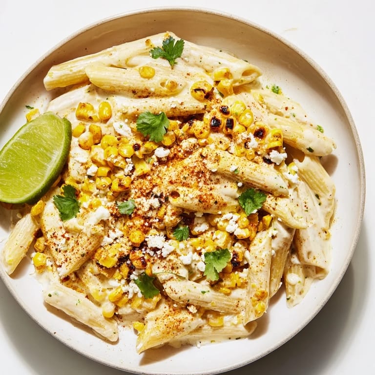 This delicious bowl of Mexican Street Corn Pasta features charred corn, creamy sauce, and zesty lime.