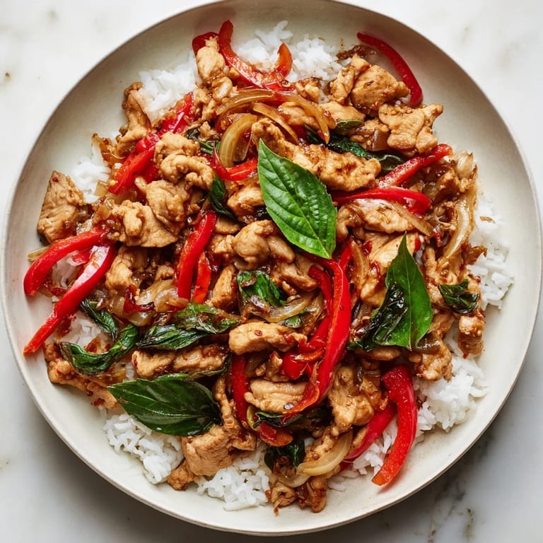 Close-up of savory Thai Basil Chicken Bowls with fluffy jasmine rice, steaming and delicious.