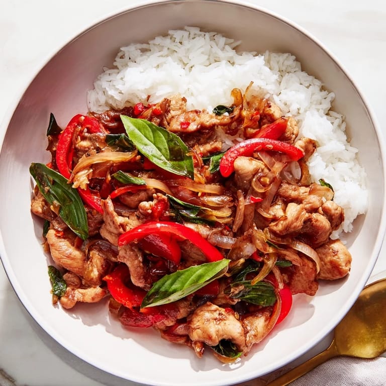 Sizzling wok photo of Thai Basil Chicken Bowls, a flavorful, easy weeknight dinner idea.