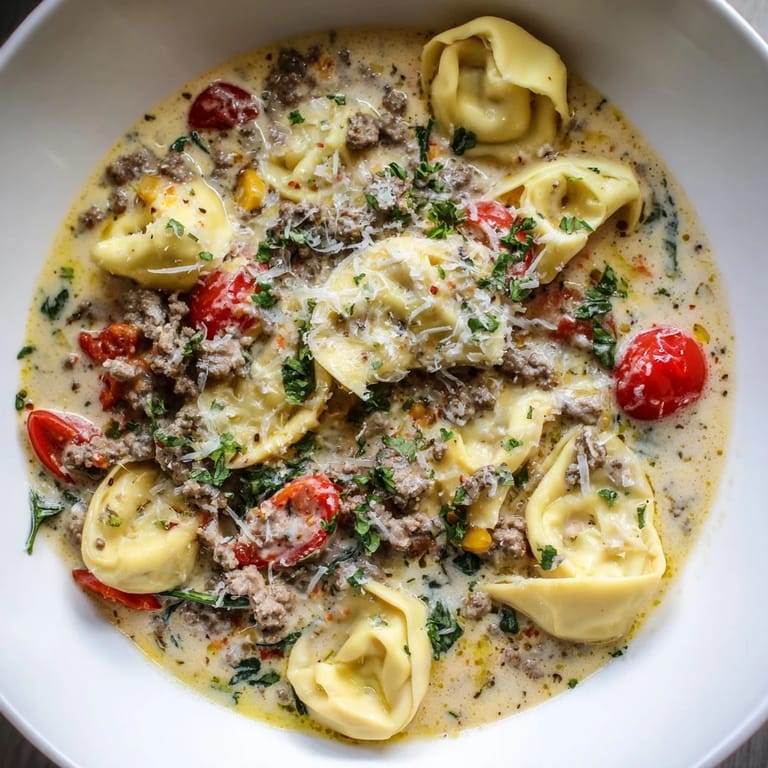 Rich beef broth surrounds the Tortellini Beef Soup, a flavorful Italian-American comfort food classic ready to enjoy.