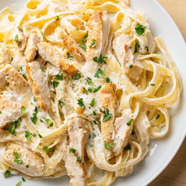 This Skillet Chicken Alfredo image shows pasta coated in creamy sauce, served with perfect chicken pieces.
