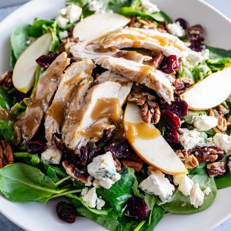Overhead view of Caramel Apple Chicken Salad with bright greens, sliced apples, red onion, and glistening caramel-pecan drizzle.