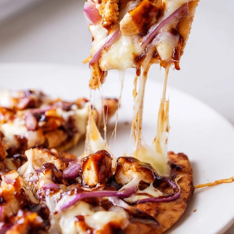 Sizzling BBQ chicken flatbread fresh from the oven, topped with gooey cheese and fresh cilantro for a savory bite.  