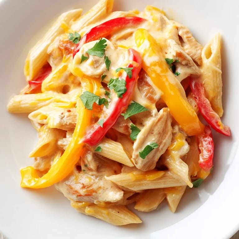 Serving Chicken Fajita Pasta Skillet with lime wedges and creamy, cheesy sauce.