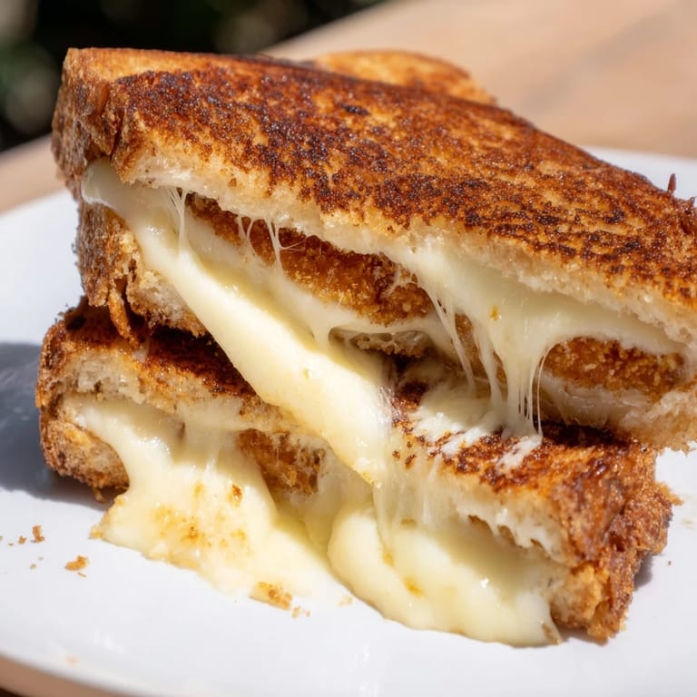 Perfectly grilled Mozzarella Stick Grilled Cheese sandwich with gooey cheese pulling apart, served with a side of warm marinara dip.