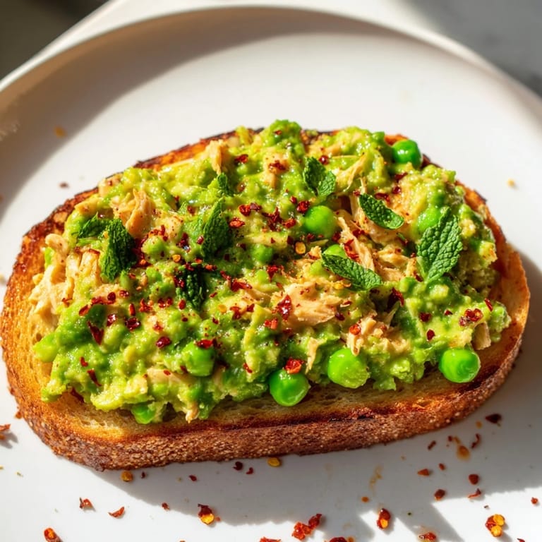 A close-up of golden toasted bread topped with creamy pea mash, tender shredded chicken, and crumbled feta.