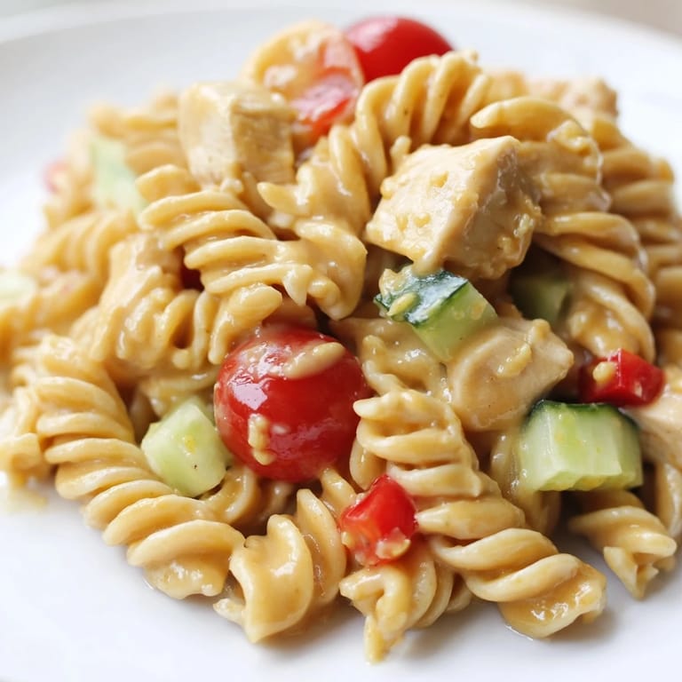 Tender chicken cubes and fusilli pasta coated in zesty honey mustard dressing with fresh parsley garnish.