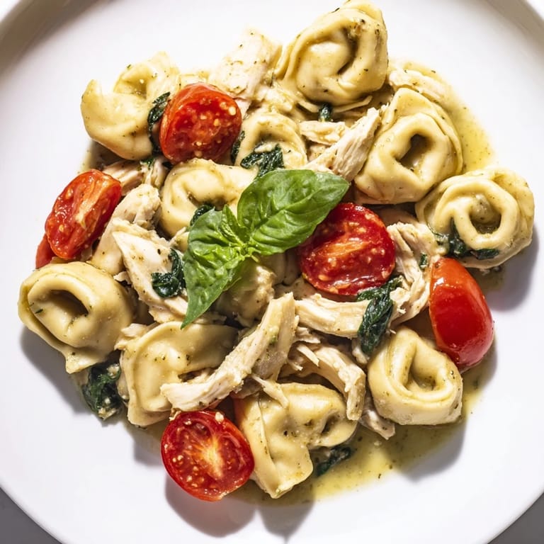 Hearty skillet meal features cheese tortellini, chicken, and wilted spinach in a rich pesto cream.