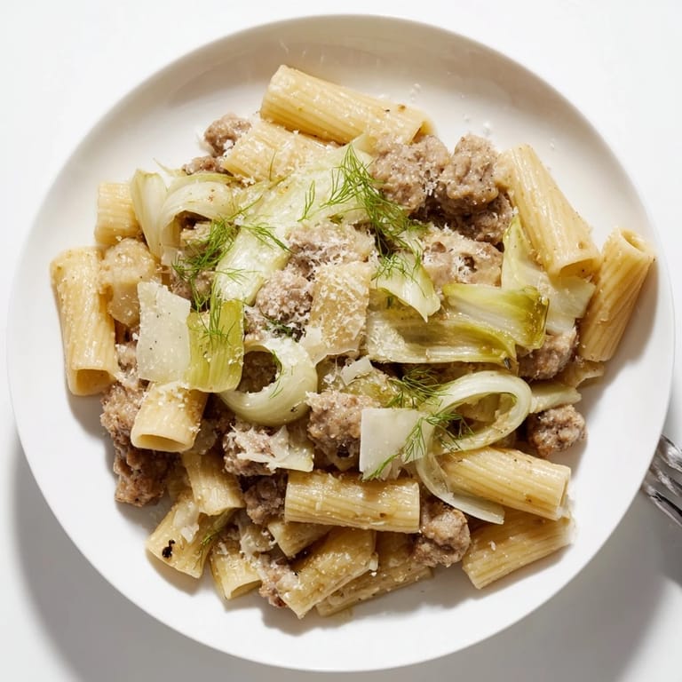 Steam rises from a warm bowl of Winter Pasta with Sausage and Fennel served alongside a glass of white wine.
