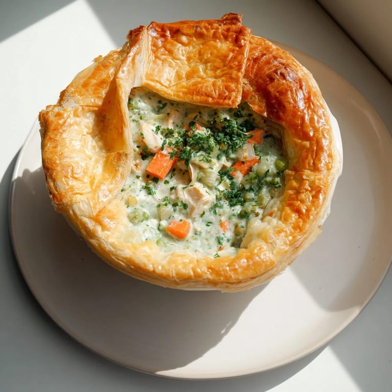 Savory Chicken and Leek Pie filling featuring creamy sauce, smoky bacon, and tender vegetables. 