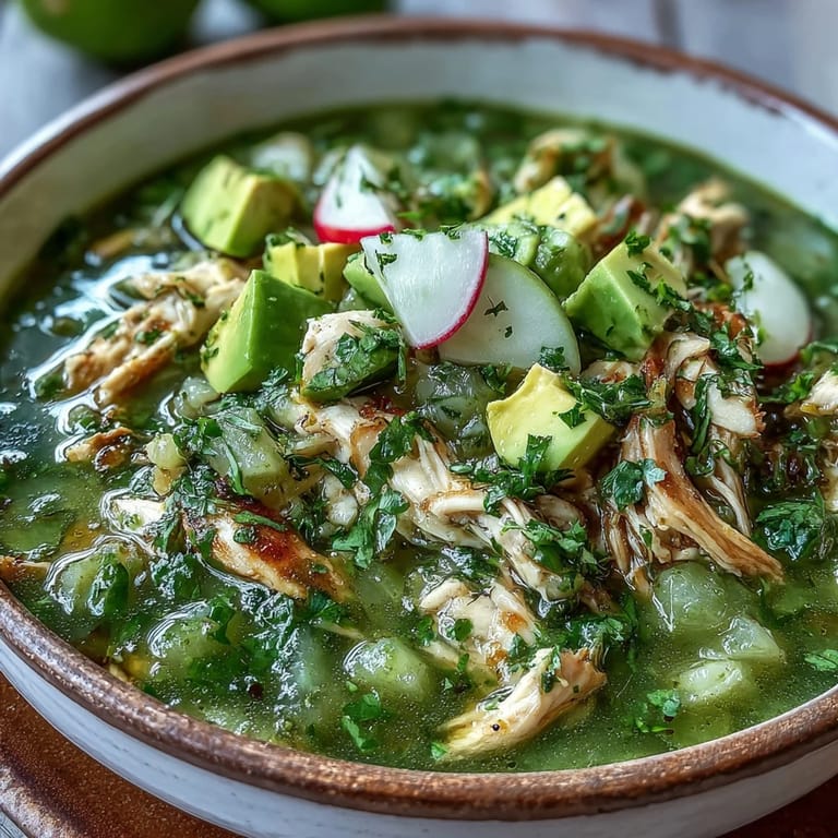 Bowl of flavorful Chicken Chili Verde topped with fresh garnishes and lime.