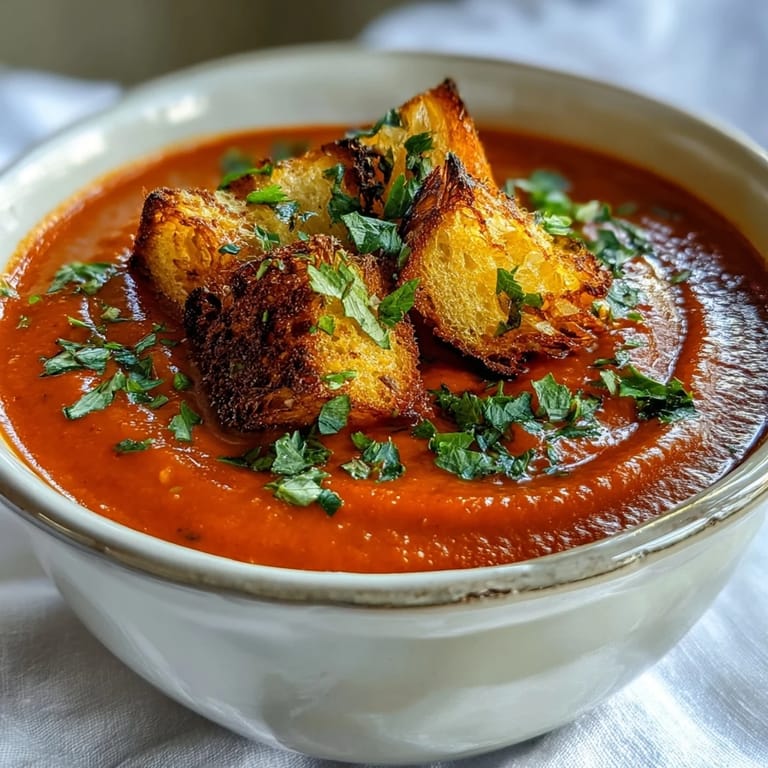 Warm, flavorful roasted red pepper soup with a delightful crouton crunch.