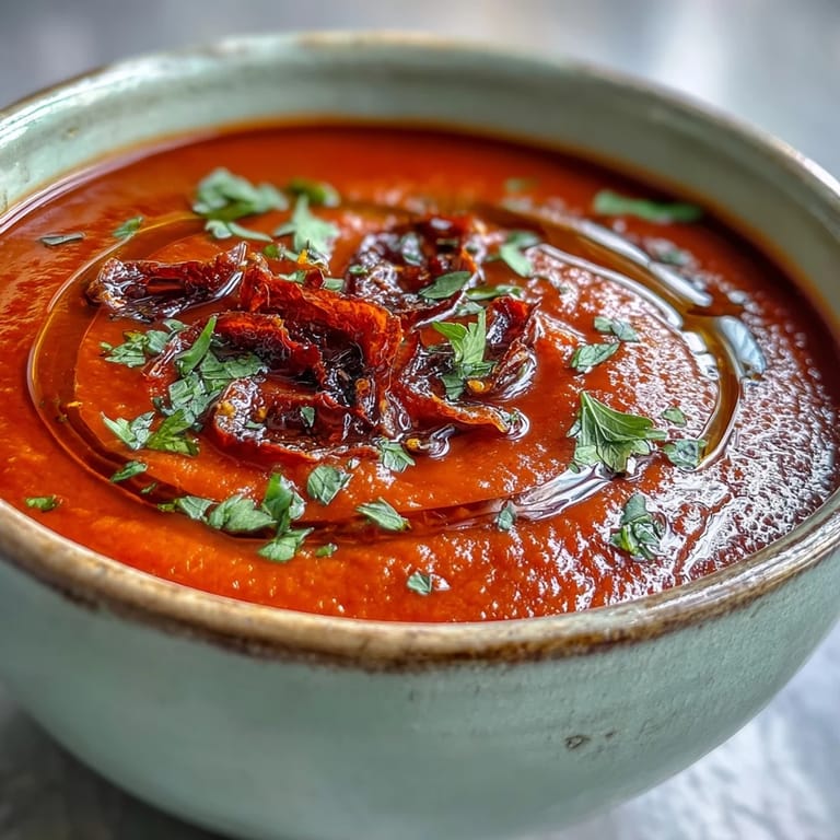 Comforting bowl of roasted red pepper soup, rich and flavorful.