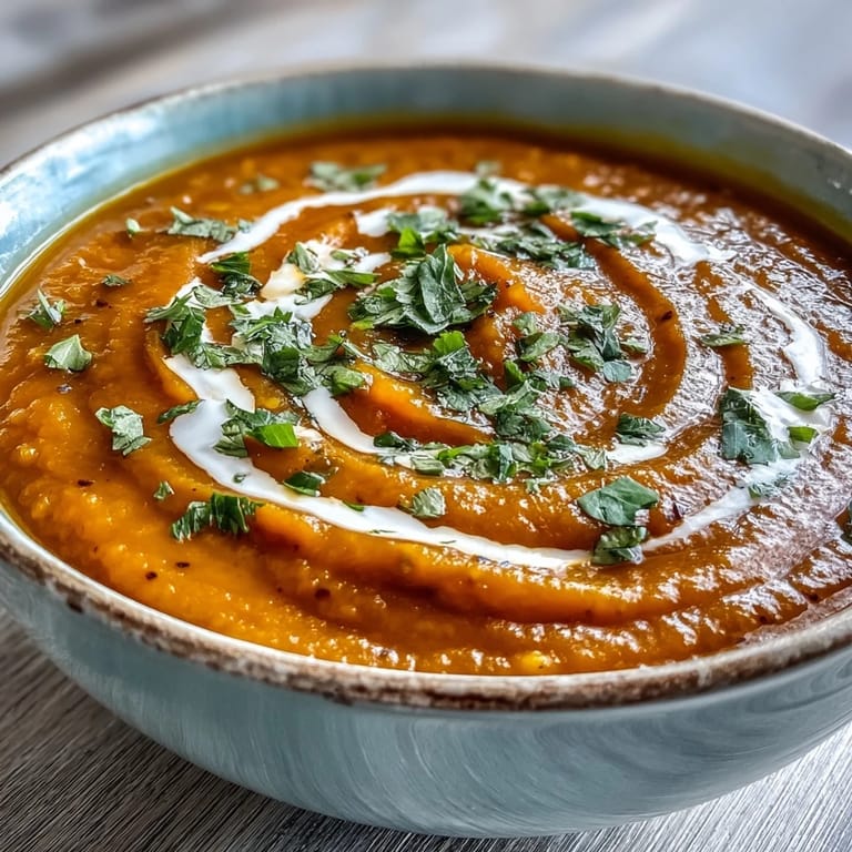 Warming carrot and lentil soup, simmered with spices, ready to serve.