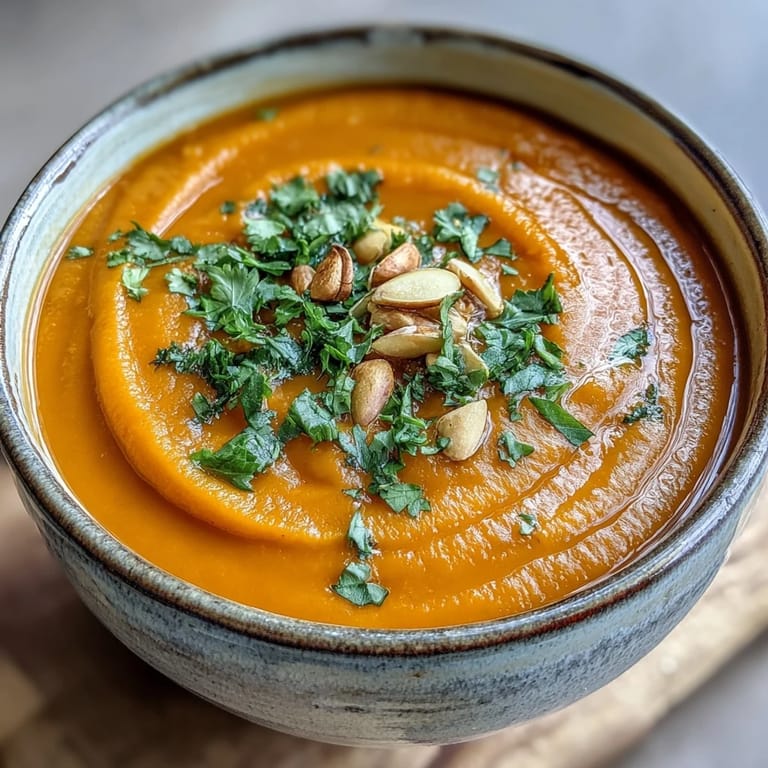 Smooth Carrot Ginger Soup garnished with a swirl, perfect starter for any occasion.
