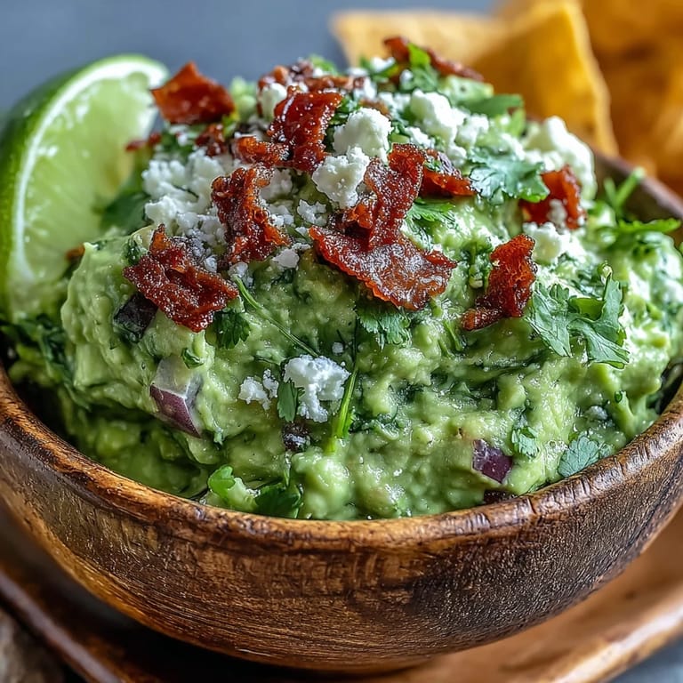 Bright lime wedges and fresh cilantro garnish Bacon Guacamole With Cotija Cheese in a festive Mexican-American appetizer spread.