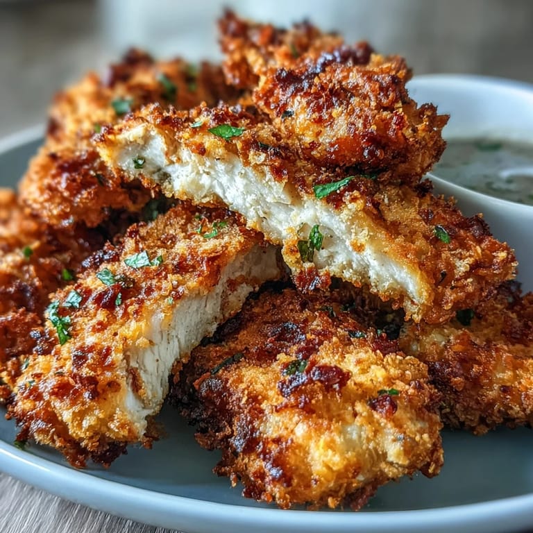 Crispy homemade Air Fryer Chicken Strips coated in seasoned whole wheat breadcrumbs and Parmesan, perfect for a quick high protein dinner.