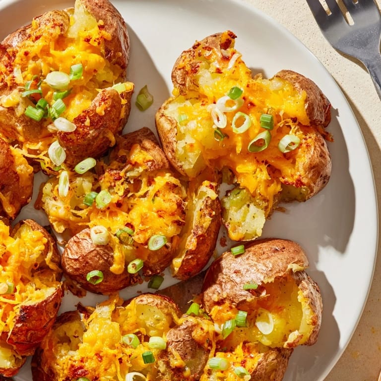 Savory smashed green onion potato bombs, deliciously crunchy and bursting with cheesy goodness.