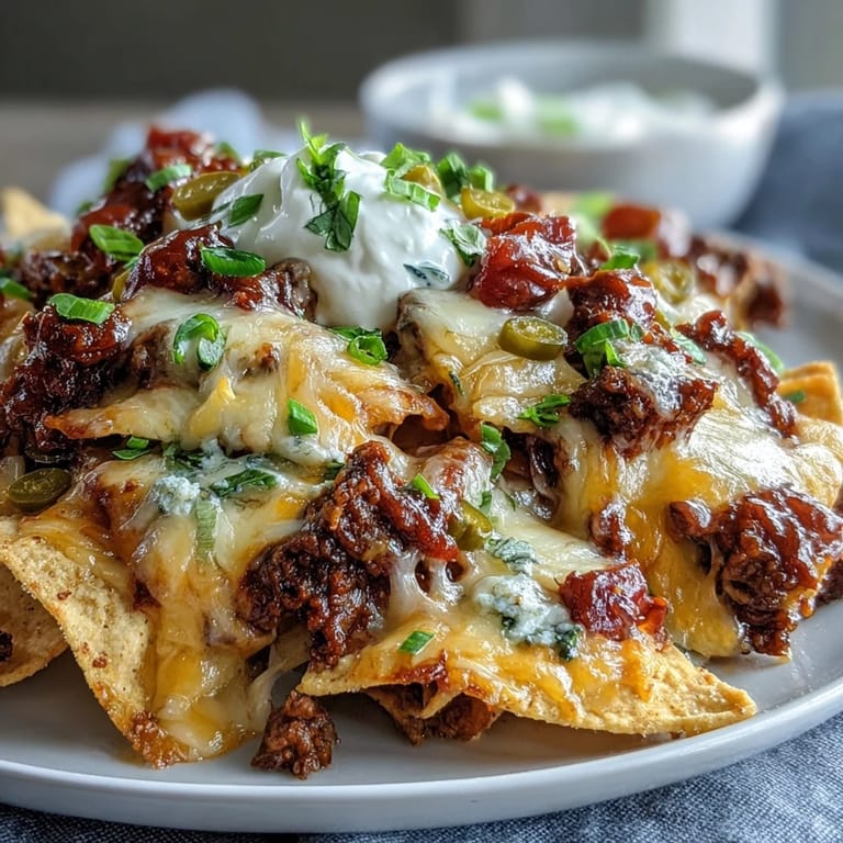Golden tortilla chips piled high with smoky barbecue beef, gooey cheese, diced tomatoes, and red onions for game day.