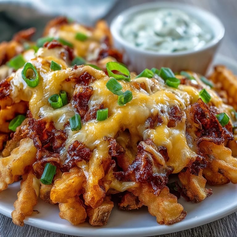 Melted cheddar blankets smoky BBQ fries with a side of creamy homemade ranch dip.