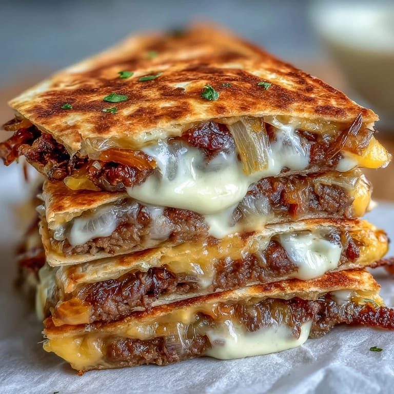 Cut into wedges, this American dinner recipe reveals juicy beef and gooey cheese between crunchy tortilla layers.