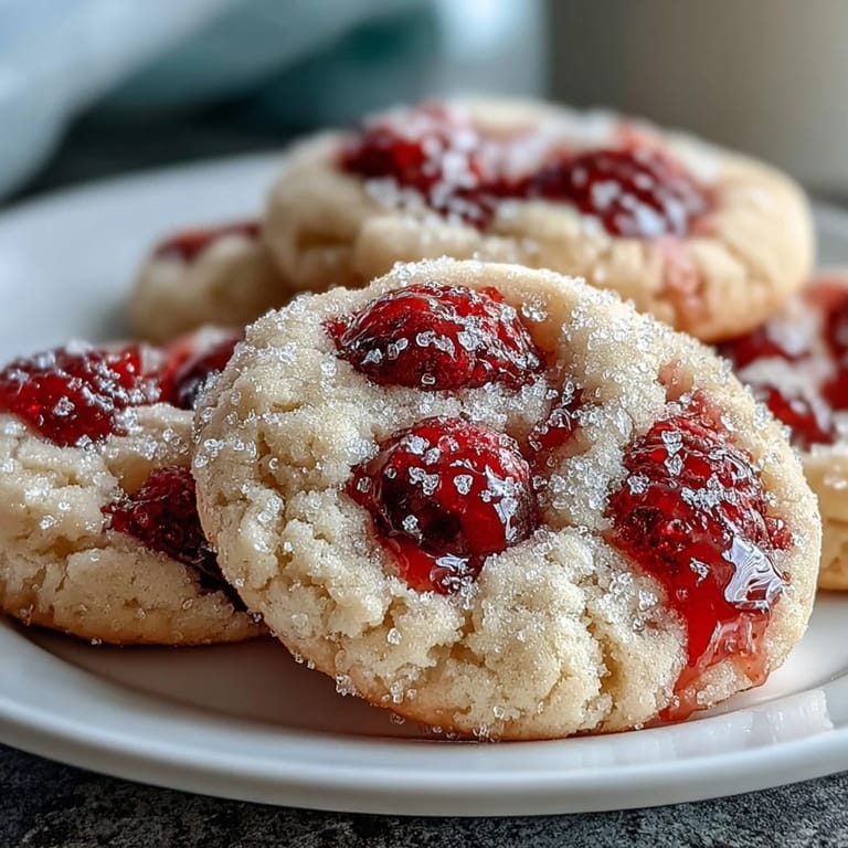 Two Soft Chewy Raspberry Sugar Cookies reveal chewy centers and juicy red raspberries, perfect for serving with afternoon tea.