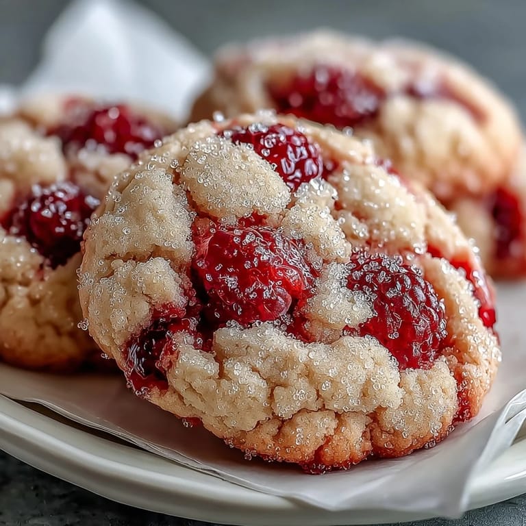 Hand holding a Soft Chewy Raspberry Sugar Cookie beside a bowl of fresh raspberries, showcasing tender edges and sweet sparkle.