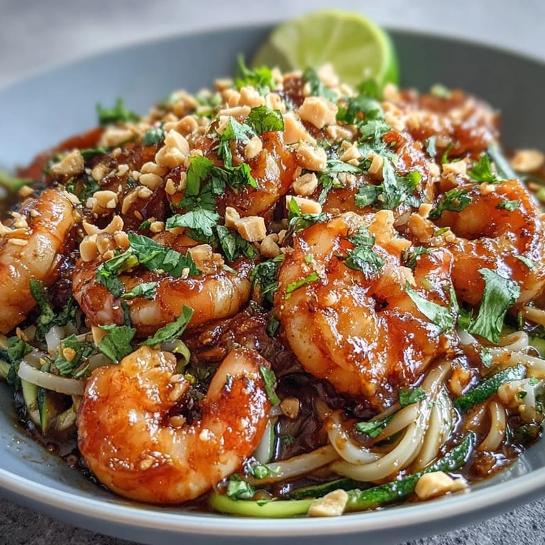 Colorful Asian Noodle Bowl featuring sautéed shrimp, crunchy veggies, and a drizzle of savory lime sauce.