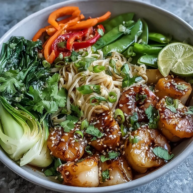 Tender shrimp and scallops rest on silky rice noodles in the Asian Noodle Bowl with Shrimp and Scallops, with crisp bok choy and carrots.