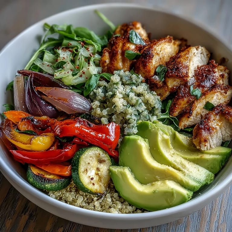 Warm Paprika Roasted Vegetable Quinoa Bowl featuring golden chicken slices, ripe avocado, and a vibrant lemony salad beside fluffy quinoa.