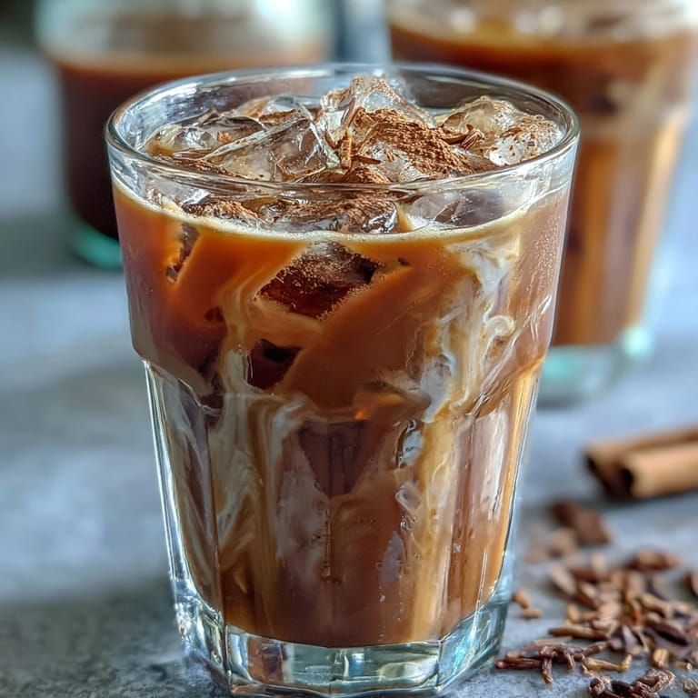 Steamy brewed hojicha ready to chill for Iced Hojicha with Cinnamon, shown with milk and ground spices.